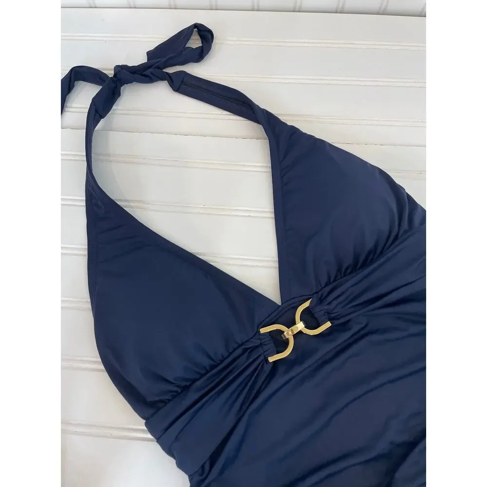 NWOT Michael Kors One Piece Bathing Suit Navy Blue V-Neck Padded Swimsuit Size S